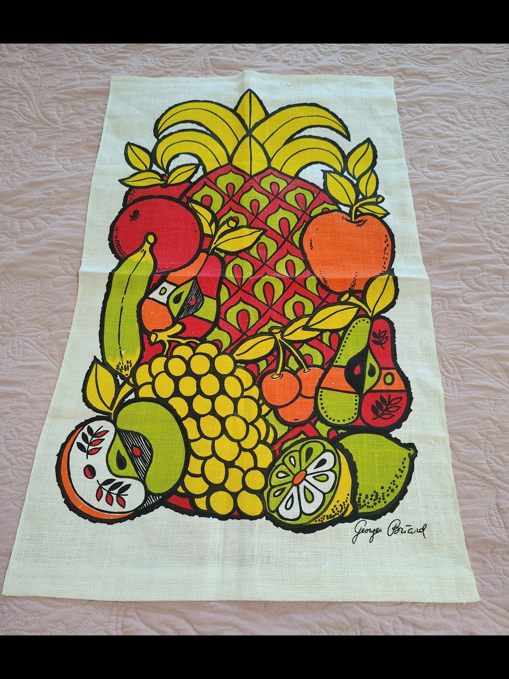 Georges Briard Tea Towel Colorful Fruits Green Orange Red Linen 16" X 28" Unused